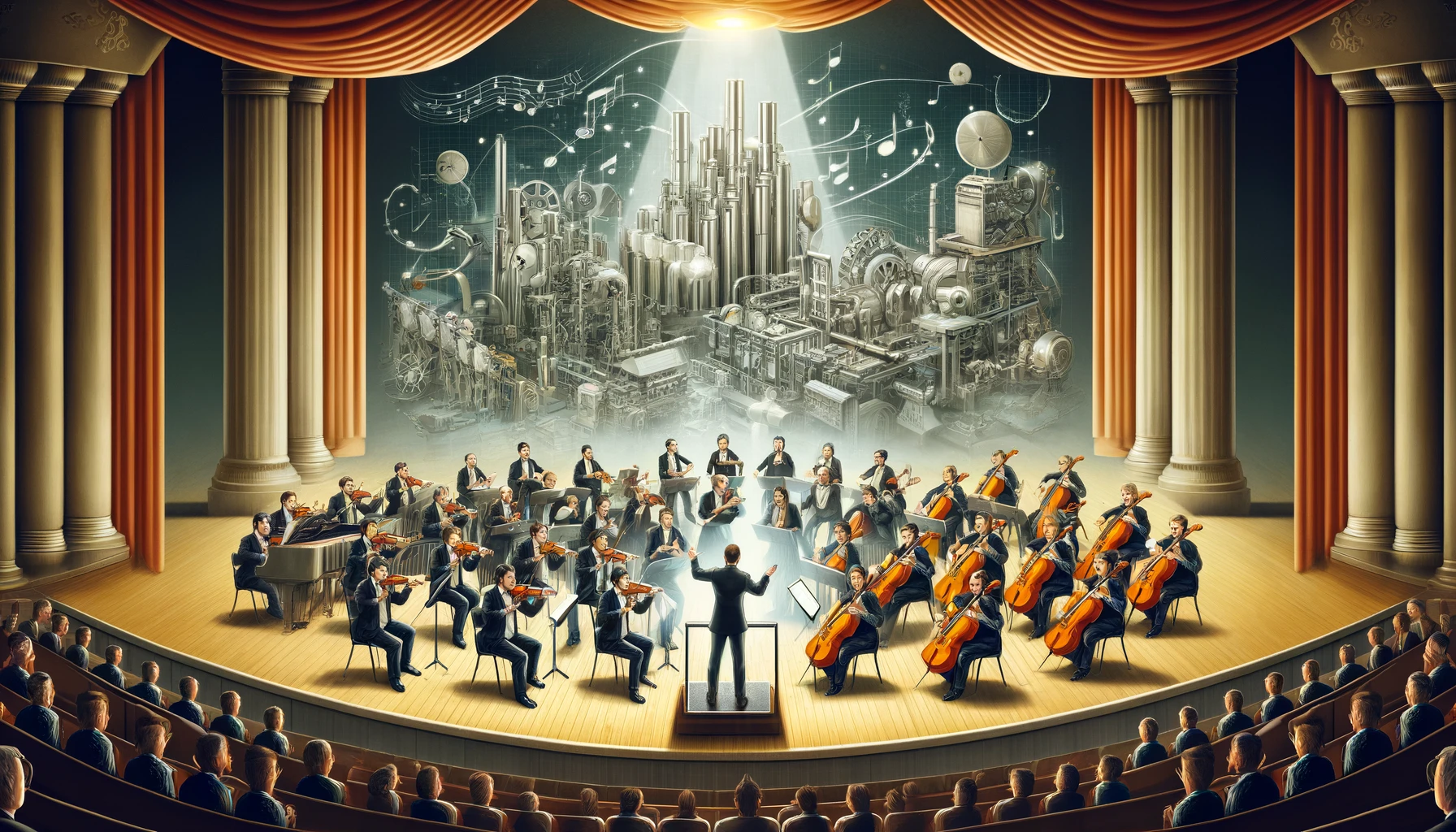 DALL·E 2024 05 27 10.22.48 A grand orchestra performing in a large elegant concert hall. The conductor standing at the podium is surrounded by various factory elements instea DALL·E 2024 05 27 10.22.48 A grand orchestra performing in a large elegant concert hall. The conductor standing at the podium is surrounded by various factory elements instea
