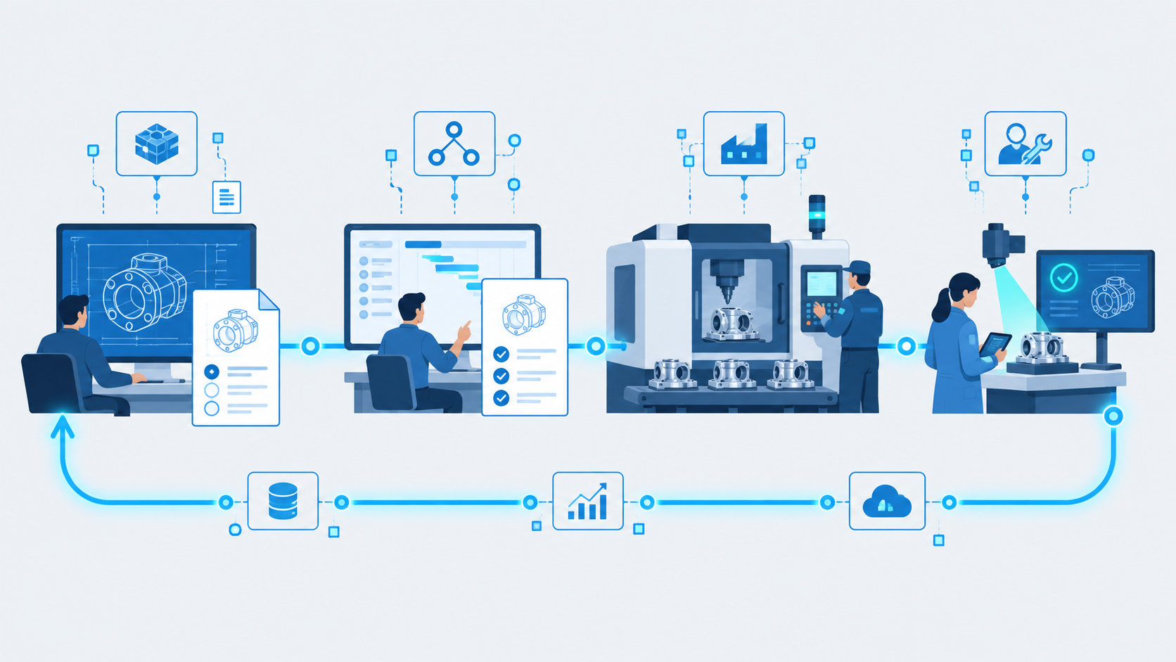 Diagram showing product data connected from engineering and production planning through manufacturing, quality inspection, and service feedback.