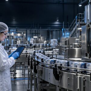 Operator reviewing a high-speed packaging line on a tablet in a manufacturing plant