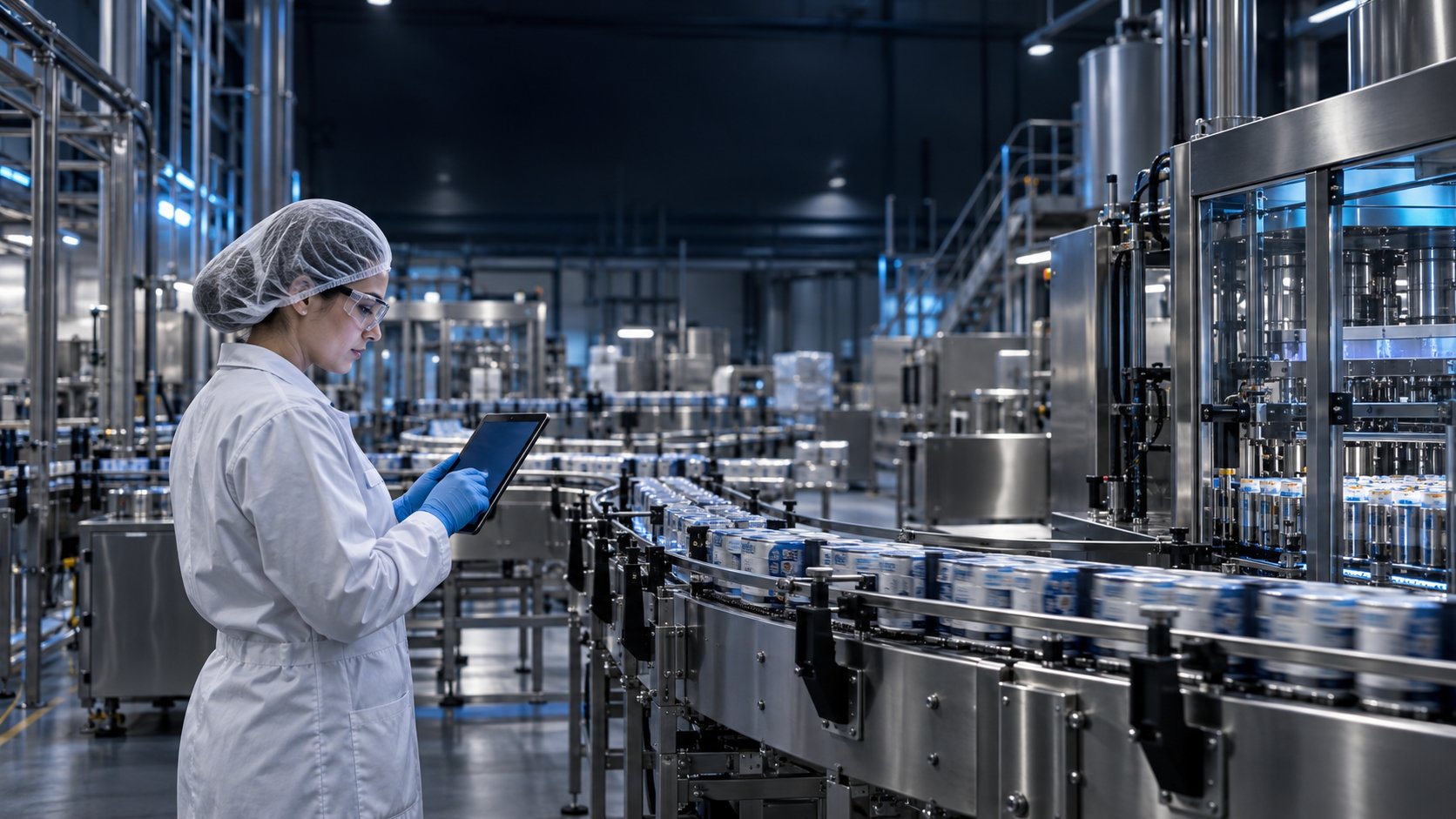 Operator reviewing a high-speed packaging line on a tablet in a manufacturing plant