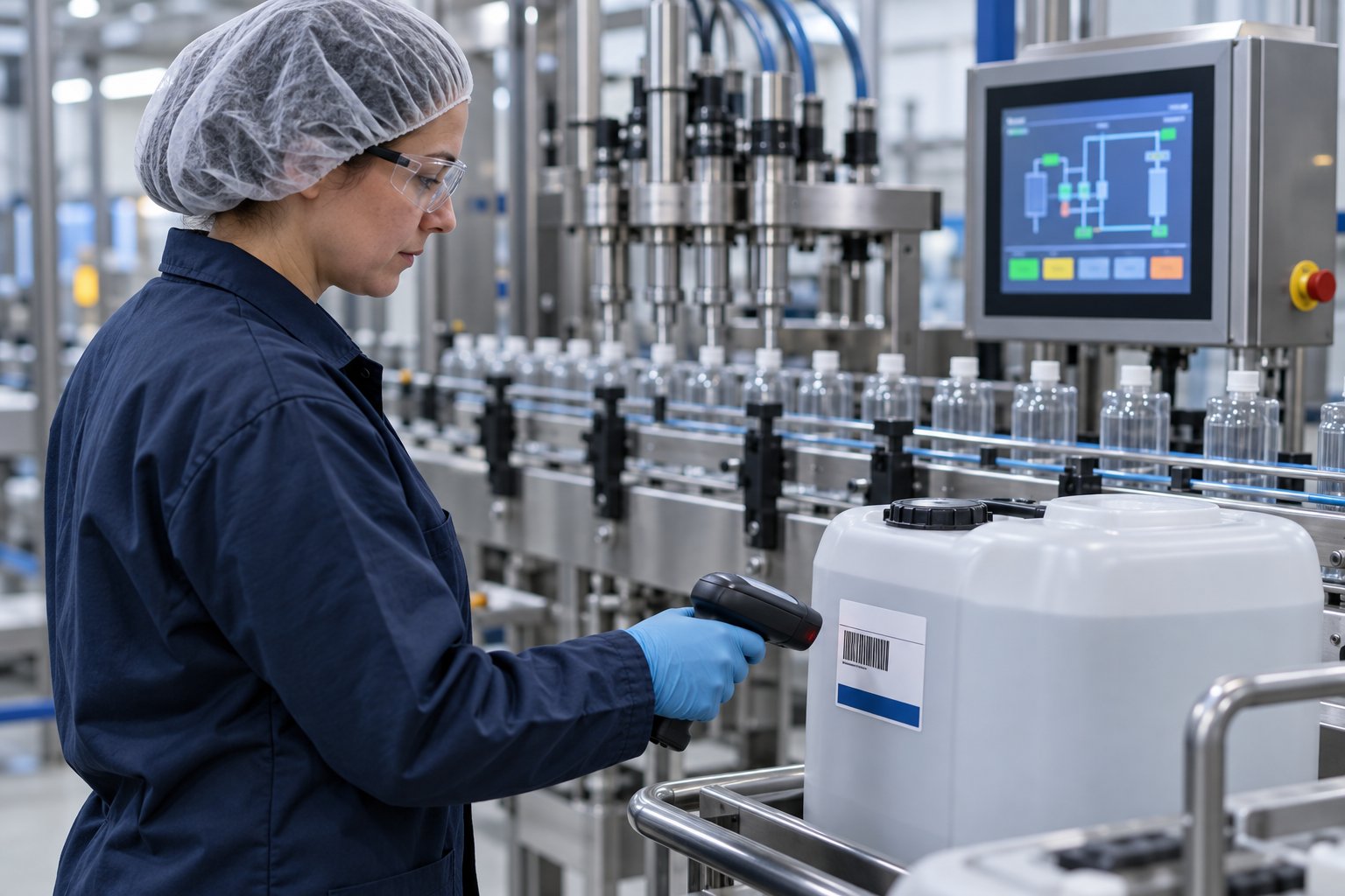 Operator scanning a material container beside a filling line and HMI
