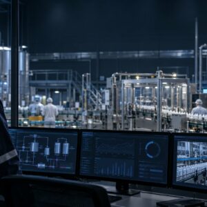 Operator monitoring a packaging line from an industrial control room