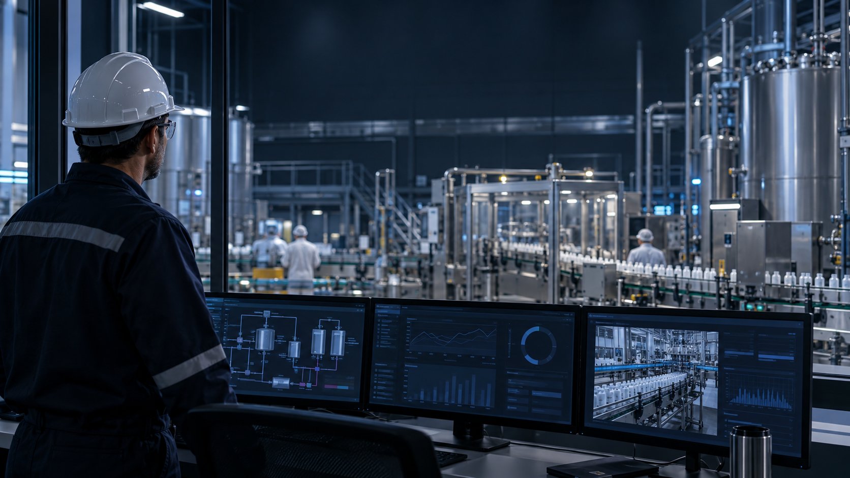 Operator monitoring a packaging line from an industrial control room