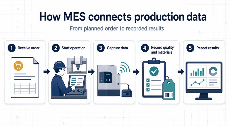 Infographic showing how MES connects production data from receiving an order through reporting results